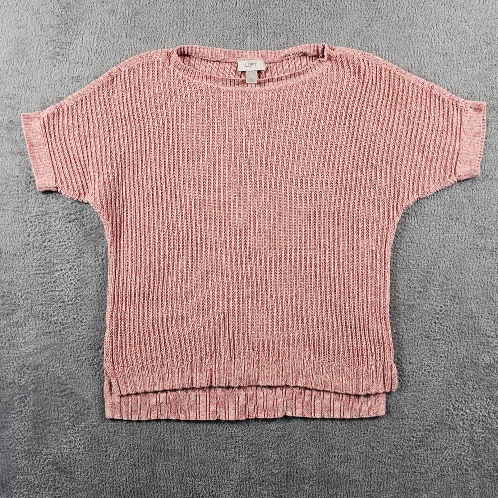 LOFT Womens Ribbed Knit Short Sleeve Sweater Pink Marled Boatneck Top M